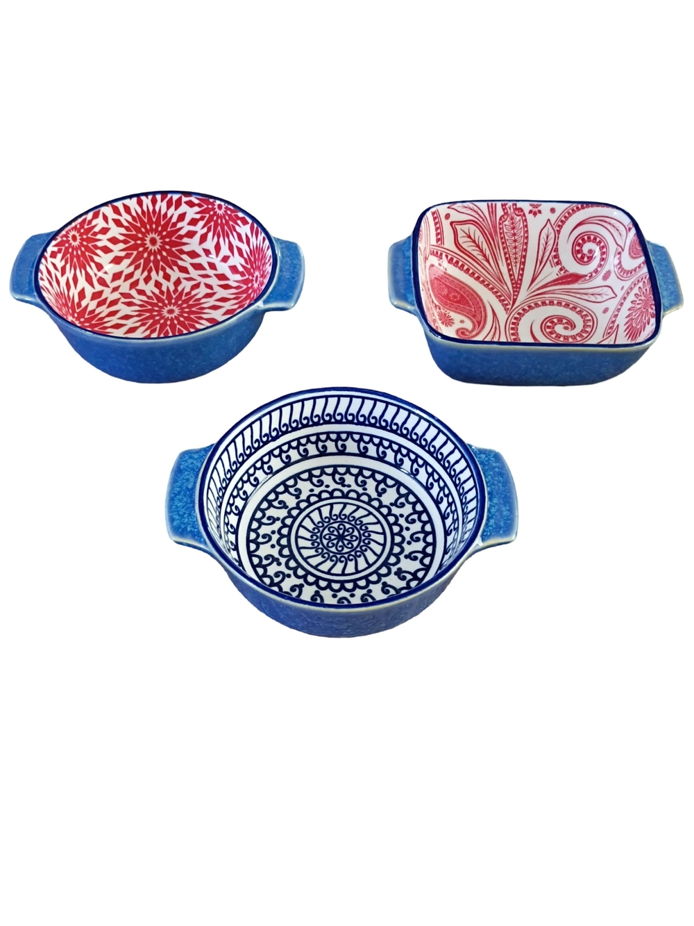 Ooh La La By BIA  Ceramic Baking Dishes with Red and Navy Patterned Interiors